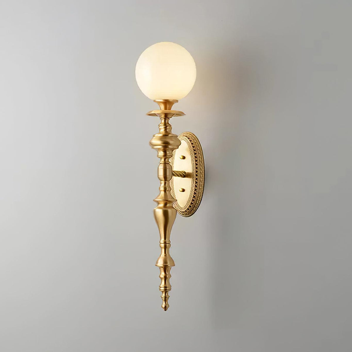 Wall Lamp Sculpted Brass Body Globe Shade Classic Elegant Statement