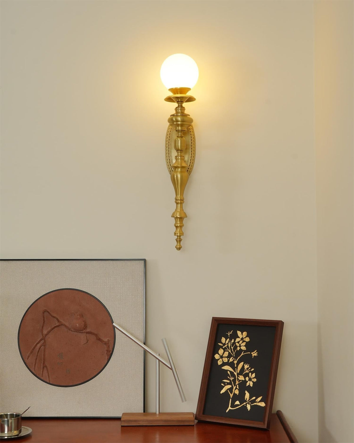 Wall Lamp Sculpted Brass Body Globe Shade Classic Elegant Statement