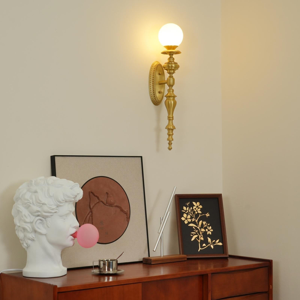 Wall Lamp Sculpted Brass Body Globe Shade Classic Elegant Statement