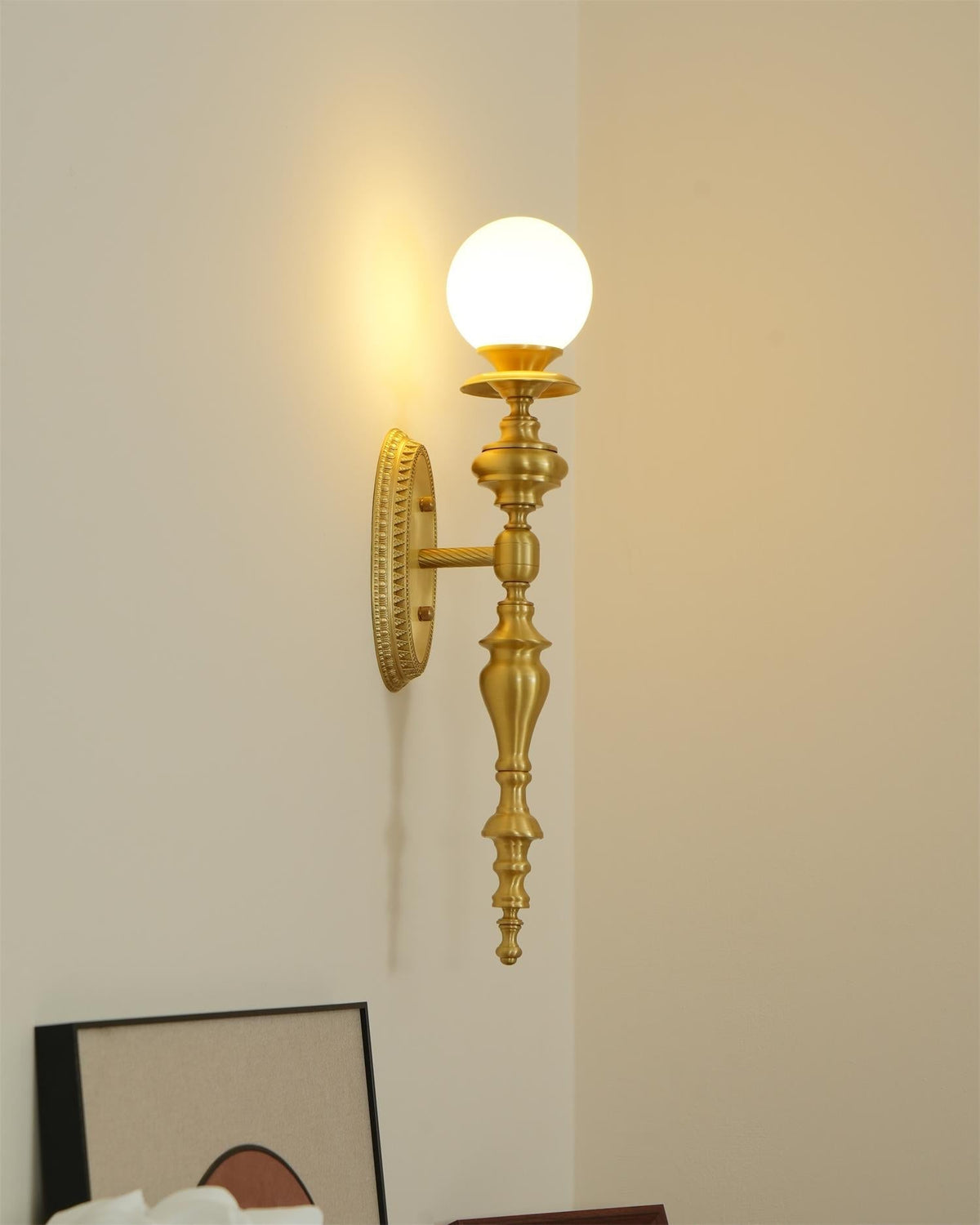 Wall Lamp Sculpted Brass Body Globe Shade Classic Elegant Statement