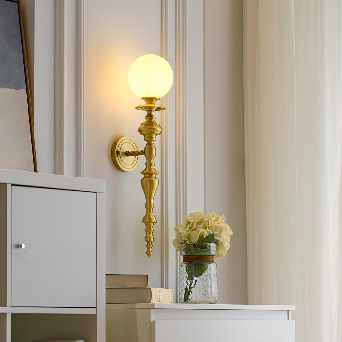 Wall Lamp Sculpted Brass Body Globe Shade Classic Elegant Statement