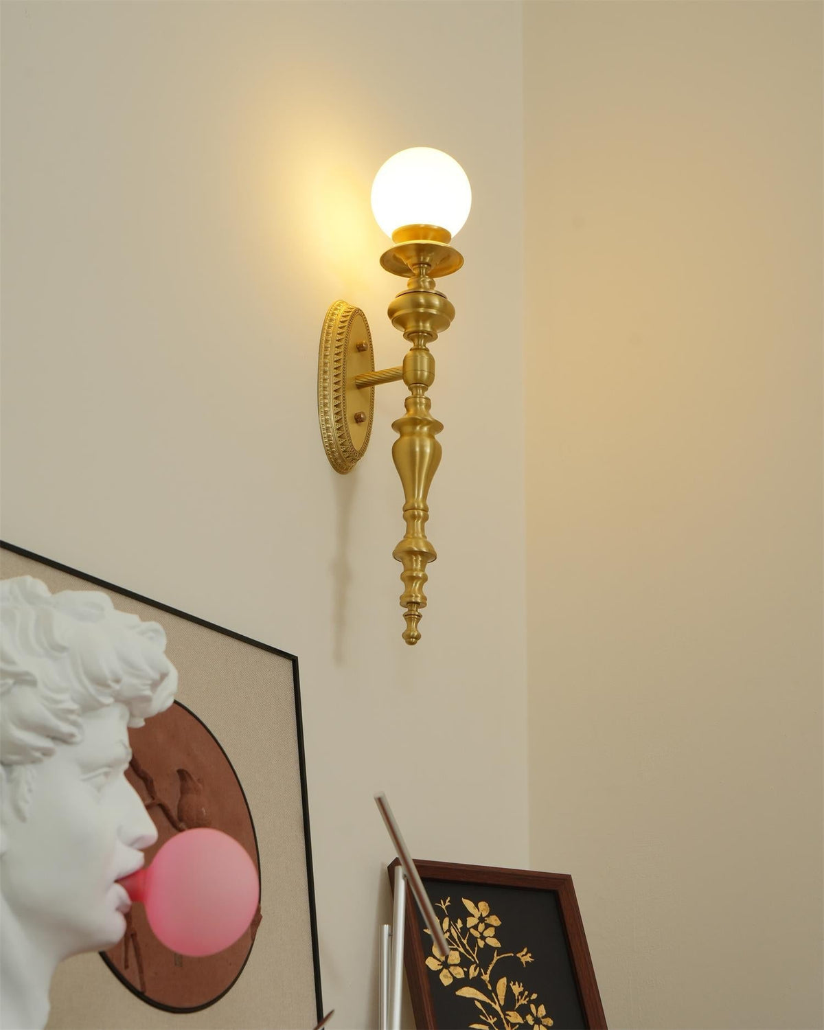 Wall Lamp Sculpted Brass Body Globe Shade Classic Elegant Statement