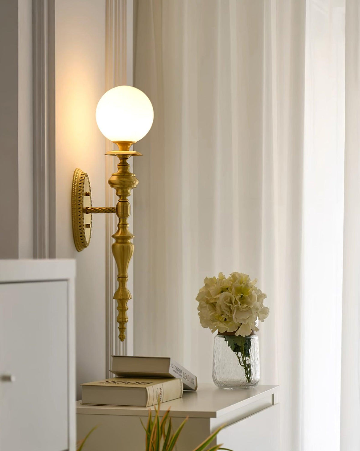 Wall Lamp Sculpted Brass Body Globe Shade Classic Elegant Statement