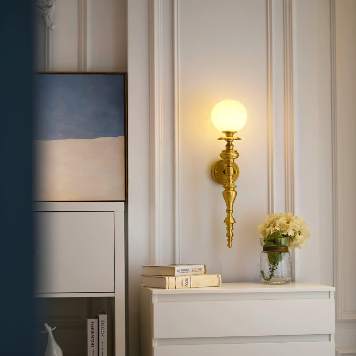 Wall Lamp Sculpted Brass Body Globe Shade Classic Elegant Statement