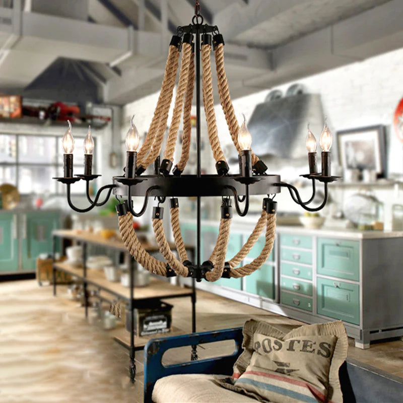 Potogul Industrial LED Pendant Light Metal/Rope Black Living Room/Bar