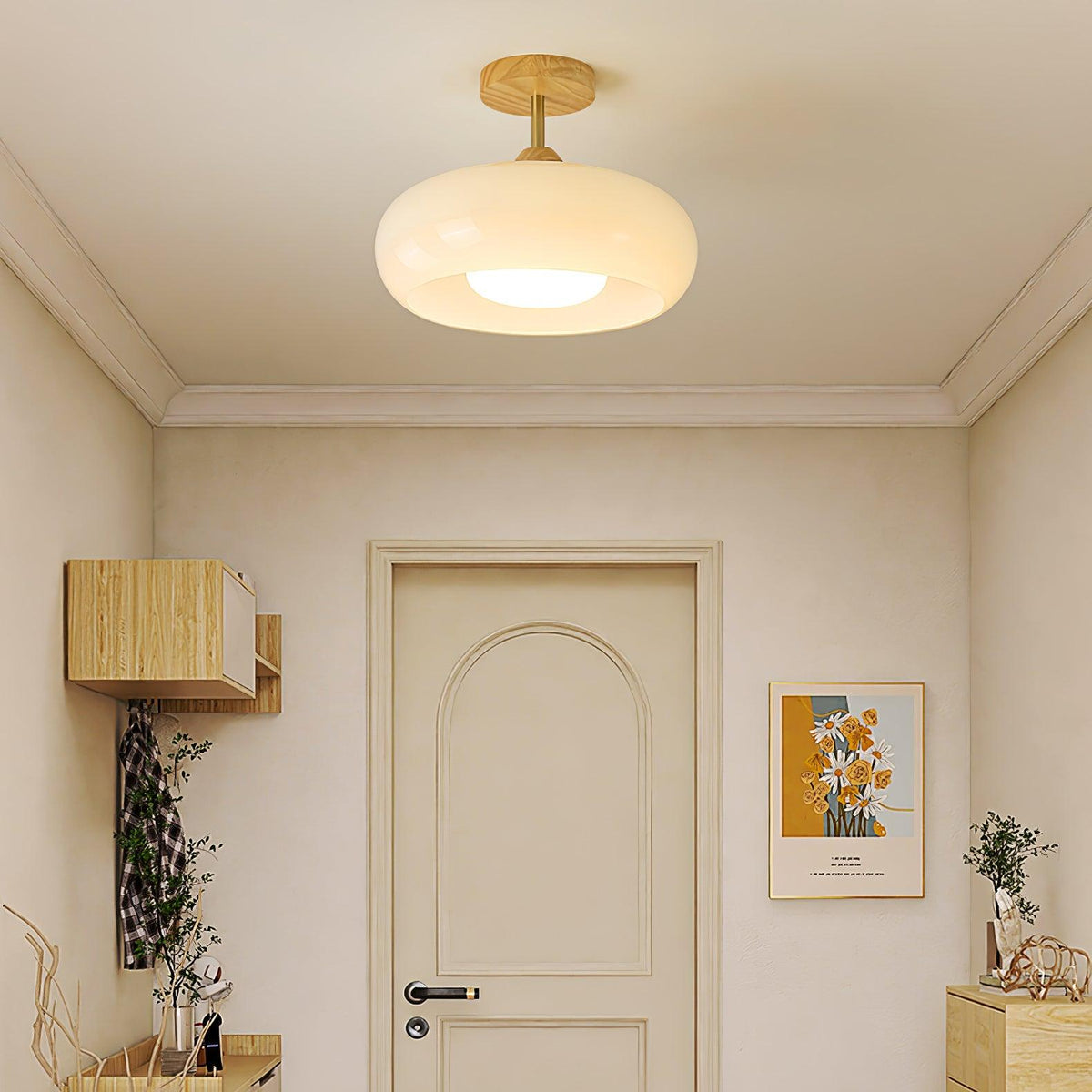 Wukugis Flush Mount Ceiling Light Glass Wood &Orange&White