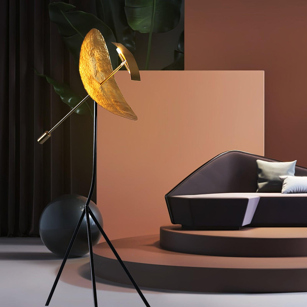 Nasuded Floor Lamp Tripod Reflection Postmodern, Metal, Gold, Living Room