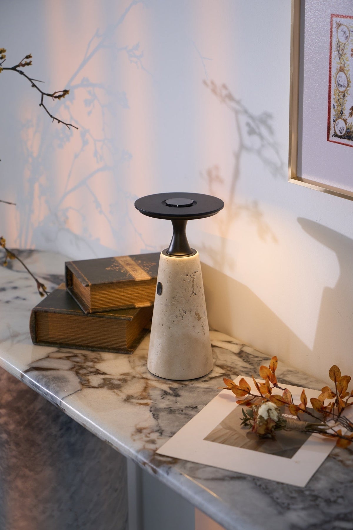 Vespera Sculptural Travertine Table Lamp