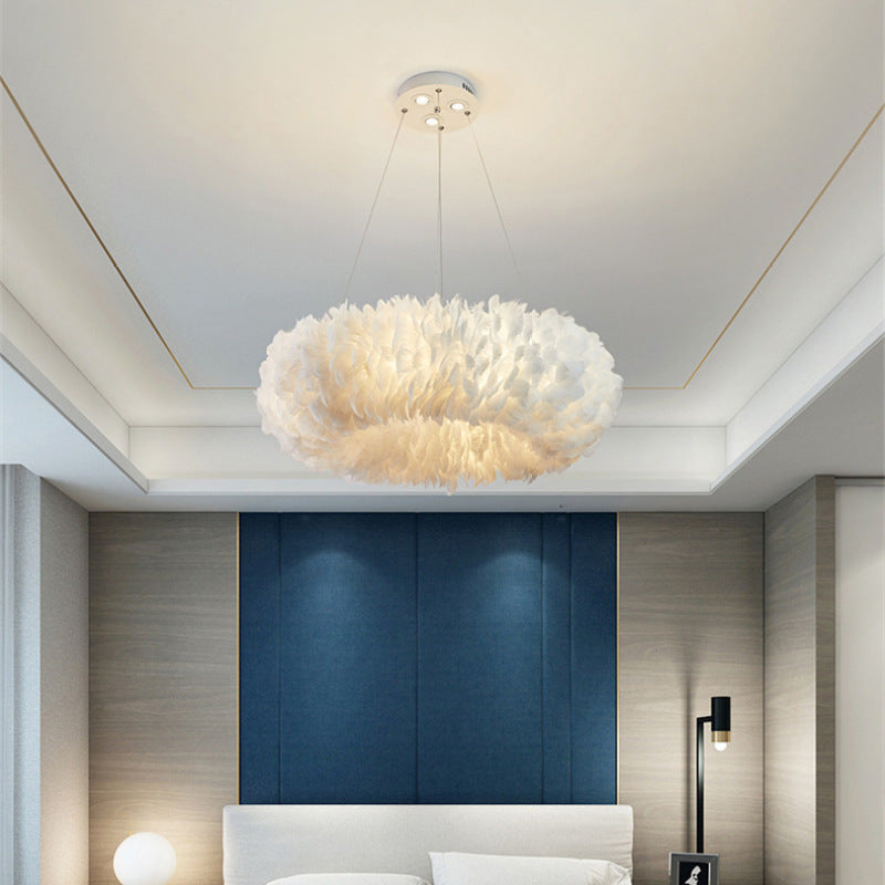 Libitun Romantic Ring Feather/Metal Pendant Light, Natural Ostrich