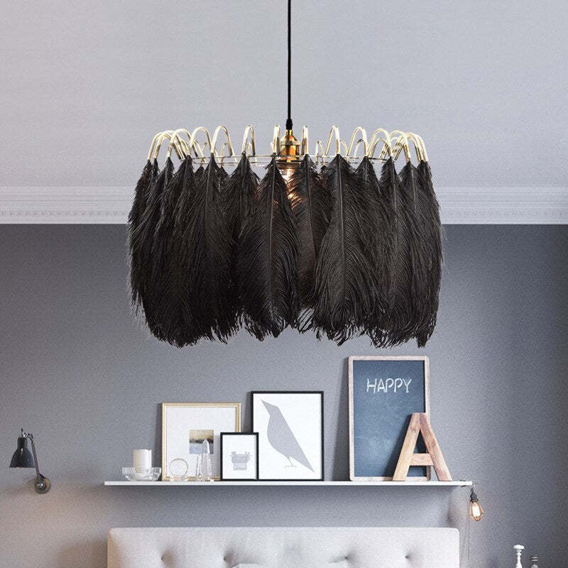 Nasesil Elegant Feather Pendant Light, Black/White, Bedroom/Living Room